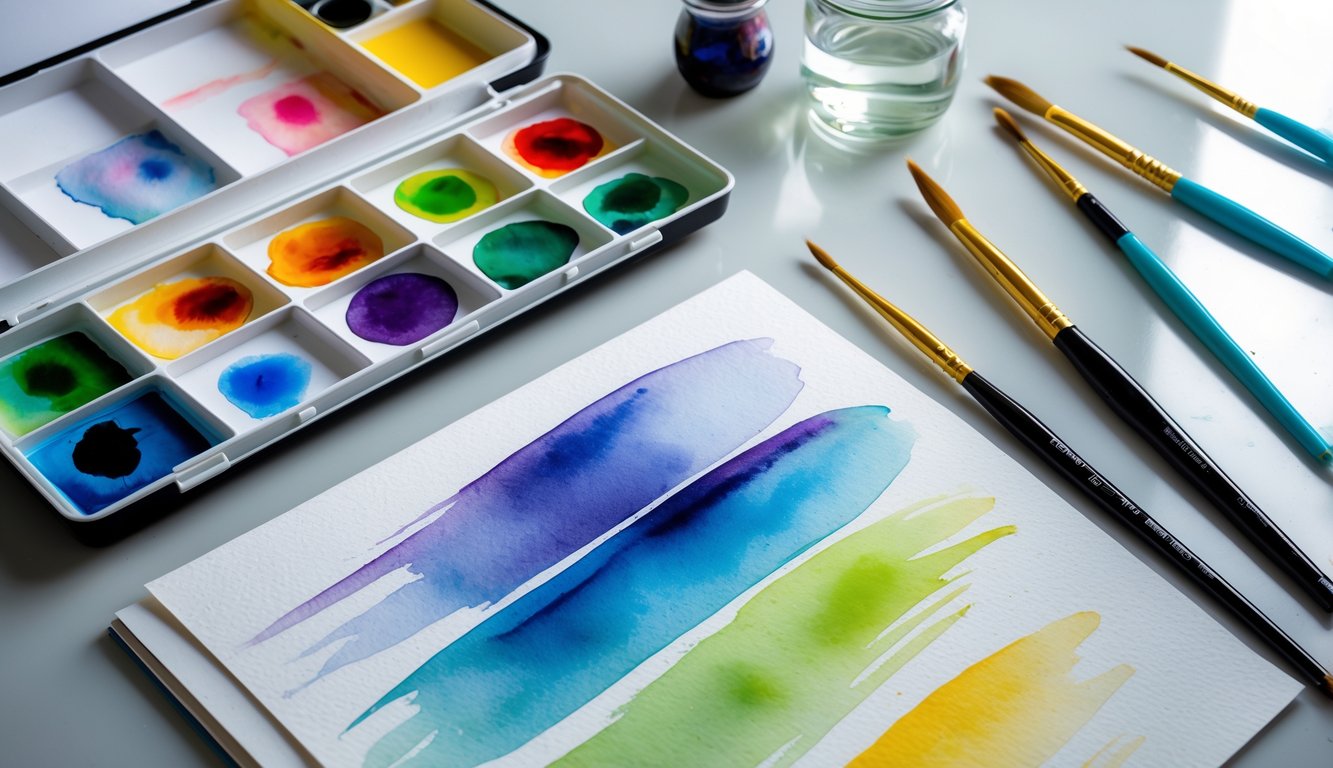 An artist's workspace with watercolor paints, brushes, a jar of water, and a partially painted sheet showing basic watercolor techniques.