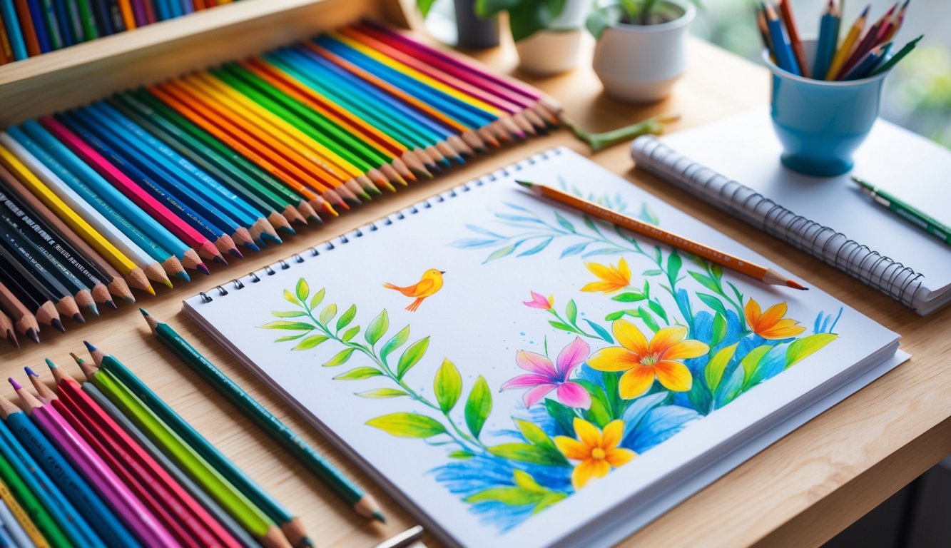 A wooden desk with colored pencils and a partially completed drawing of flowers and a bird.