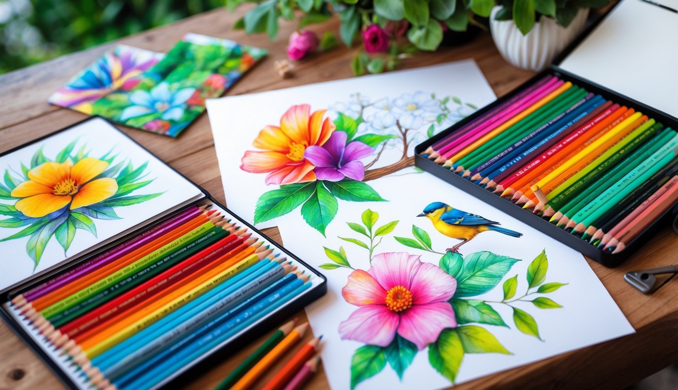A wooden table with colorful colored pencil drawings of flowers, leaves, and a bird, alongside an open set of colored pencils.