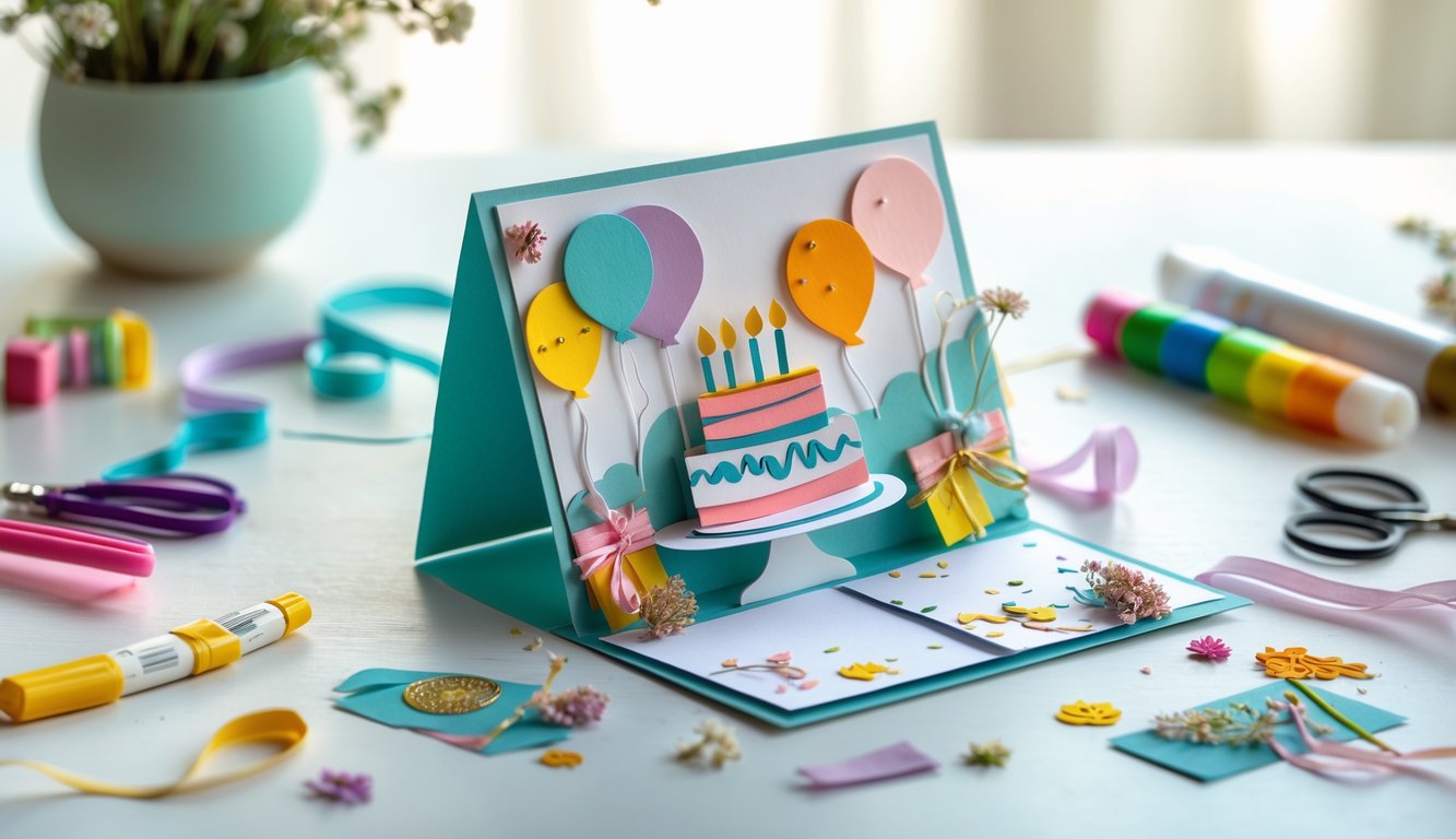 A handmade birthday card on a wooden table surrounded by crafting materials.