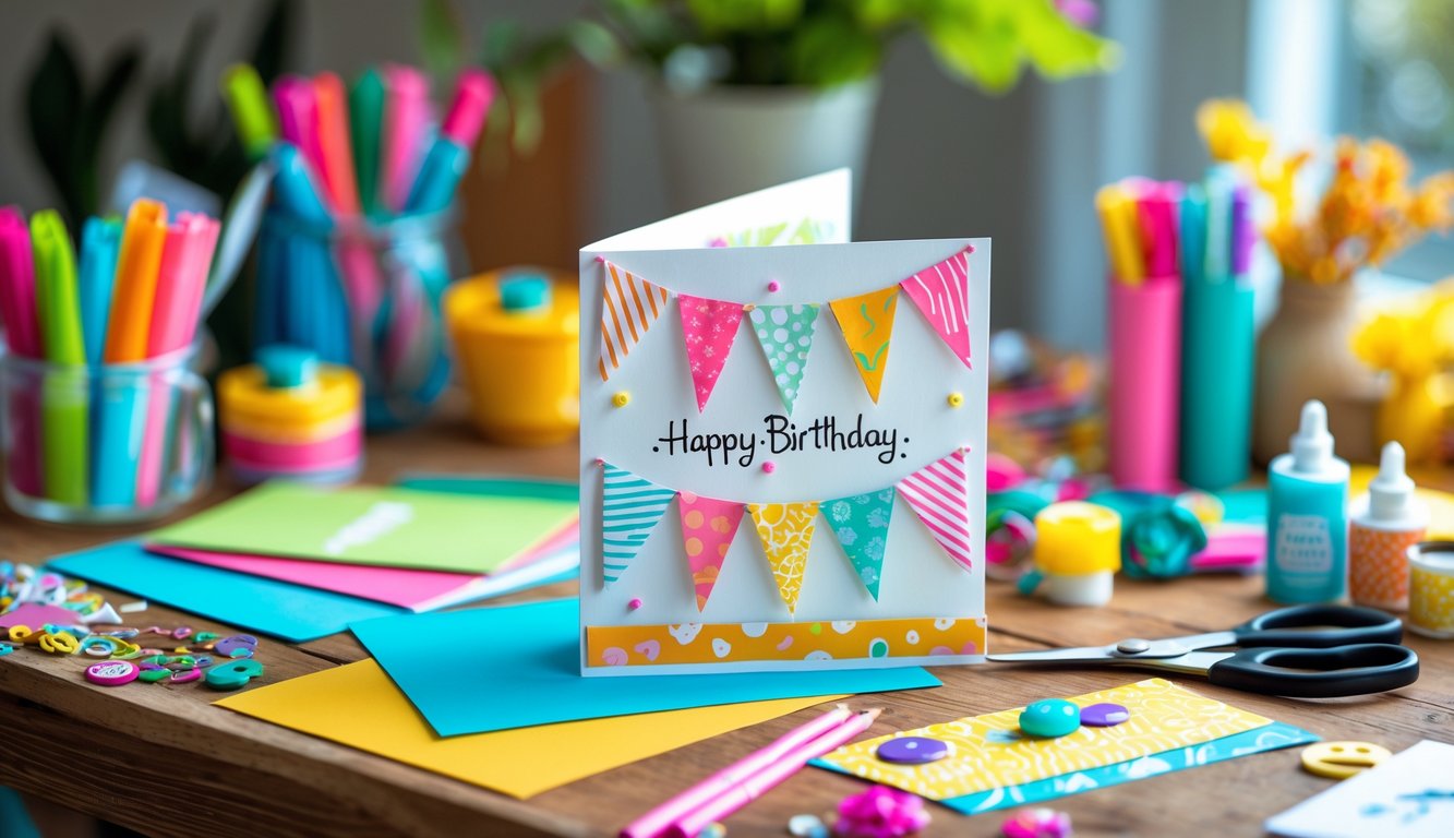 A workspace with materials and tools for making a handmade birthday card on a wooden table.