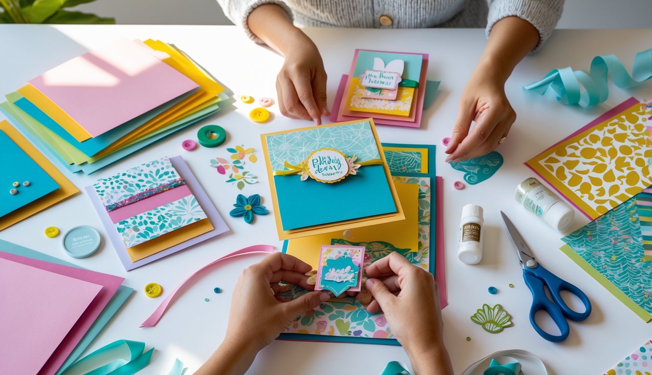 A workspace with hands assembling colorful handmade birthday cards surrounded by crafting materials.