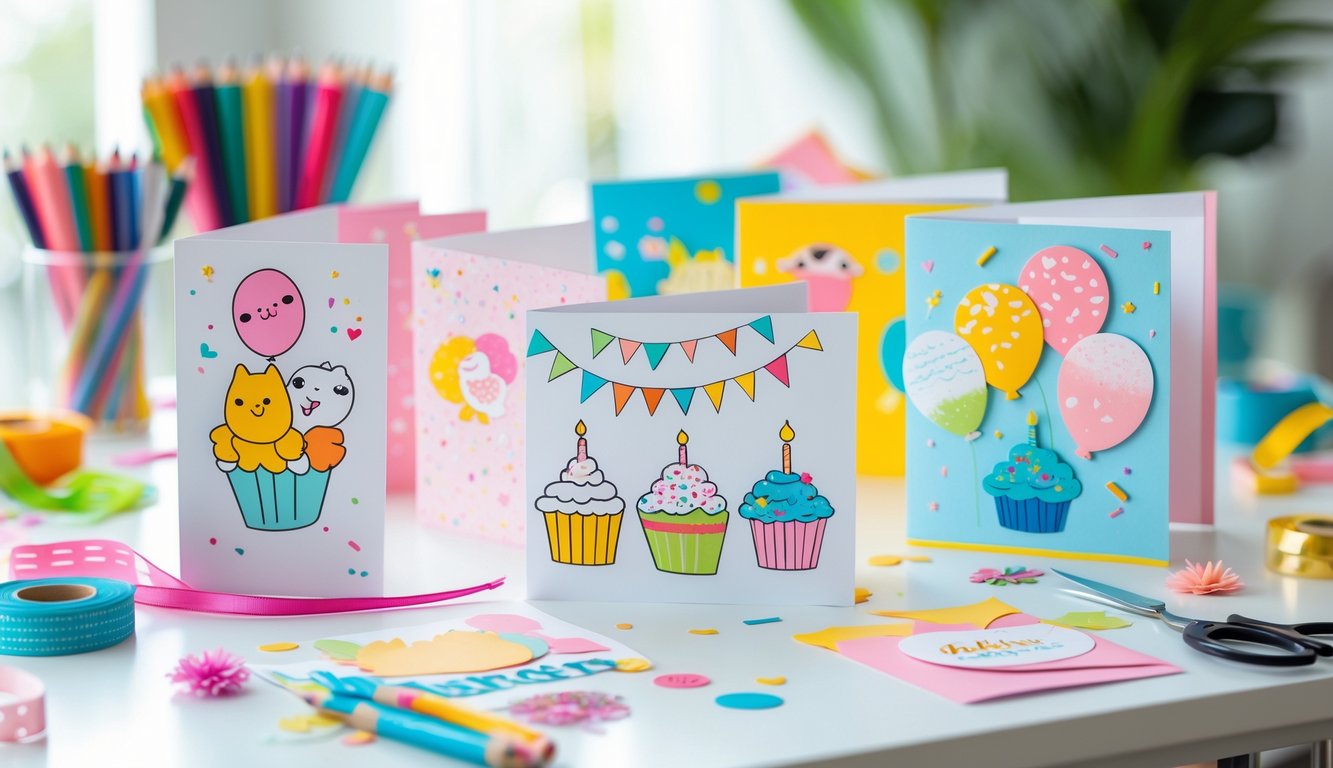 A table with several colorful handmade birthday cards and crafting supplies arranged neatly.