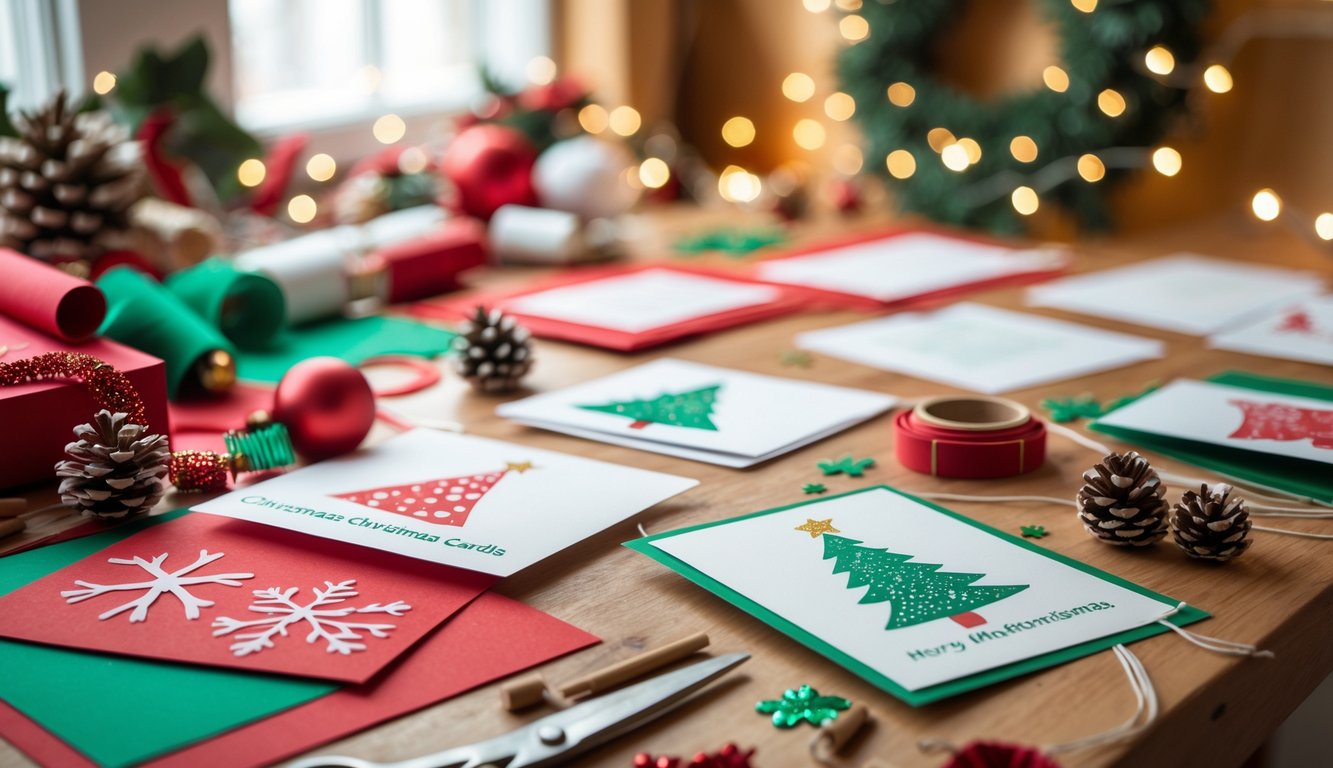 A table with homemade Christmas cards and craft supplies including paper, ribbons, and decorations in a festive setting.