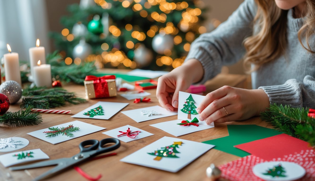 Hands creating homemade Christmas cards with craft supplies on a wooden table and a decorated Christmas tree in the background.
