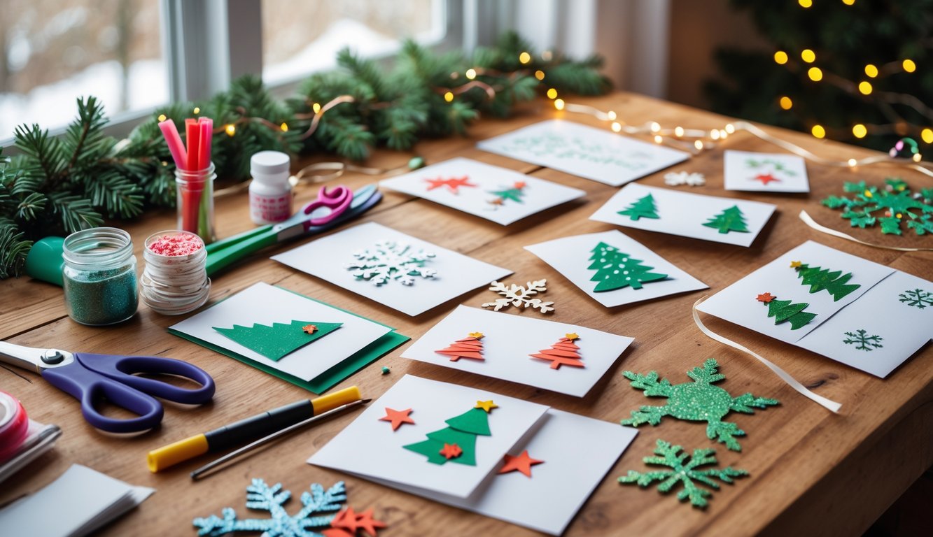 A workspace with craft supplies and handmade Christmas cards in progress on a wooden table.