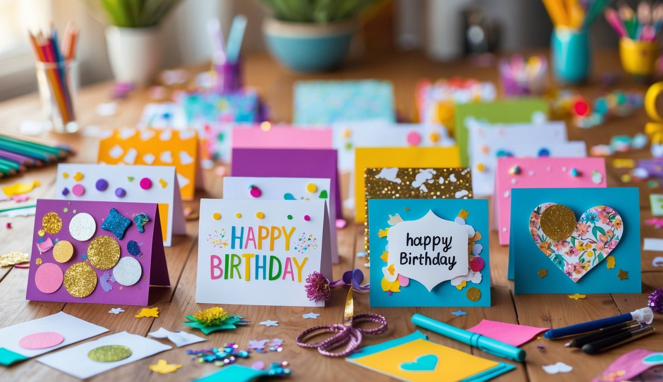 A table with colorful homemade birthday cards and art supplies like markers, scissors, and ribbons.