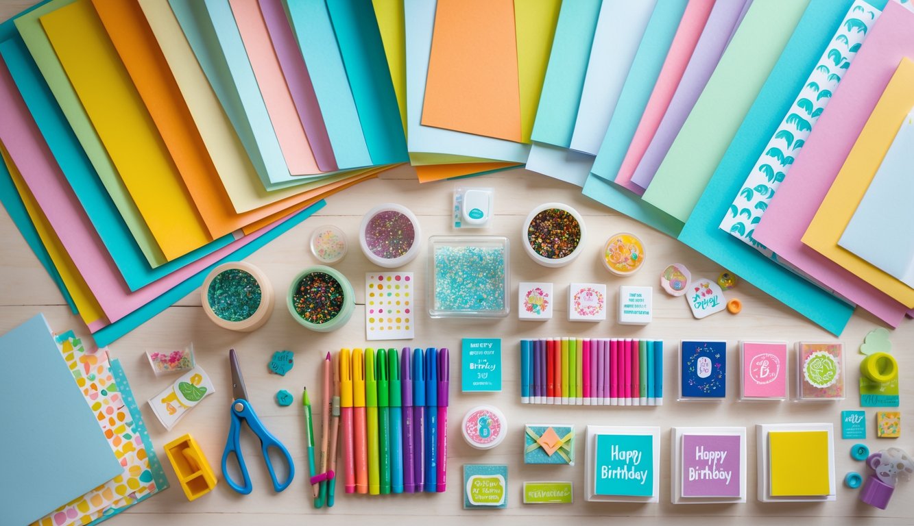A table with various craft supplies including colorful papers, markers, scissors, glue, glitter, washi tape, stamps, and small decorations for making birthday cards.