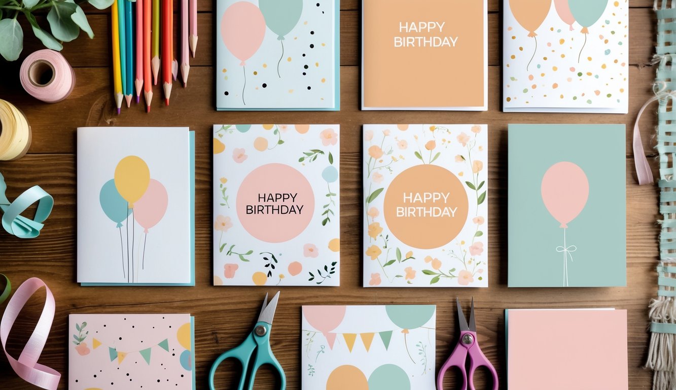 A table with several simple birthday cards and crafting supplies arranged neatly.