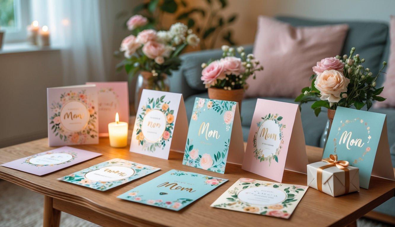 A cozy living room table with birthday cards, flowers, a gift box, and a lit candle arranged for a mom's birthday celebration.