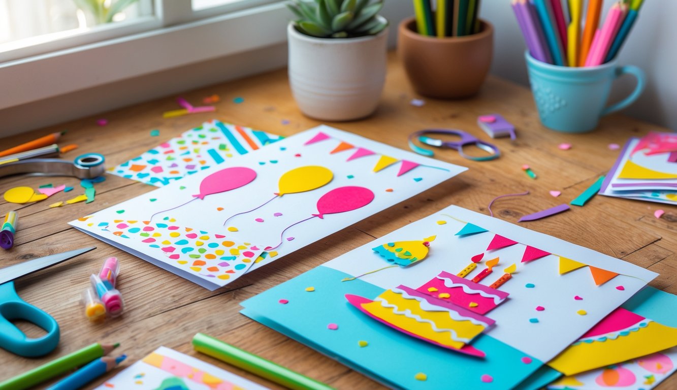 A workspace with craft supplies and handmade birthday cards featuring colorful designs with balloons and cakes on a wooden desk.