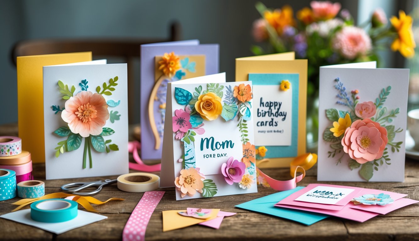 A collection of handmade birthday cards for mom displayed on a wooden table with art supplies and flowers nearby.