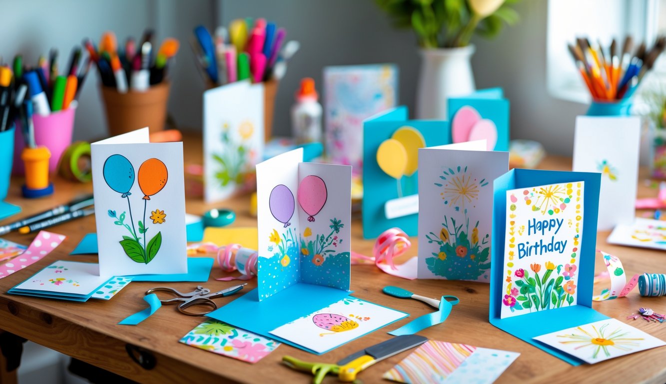 A wooden table with handmade birthday cards and various colorful craft supplies arranged around them.
