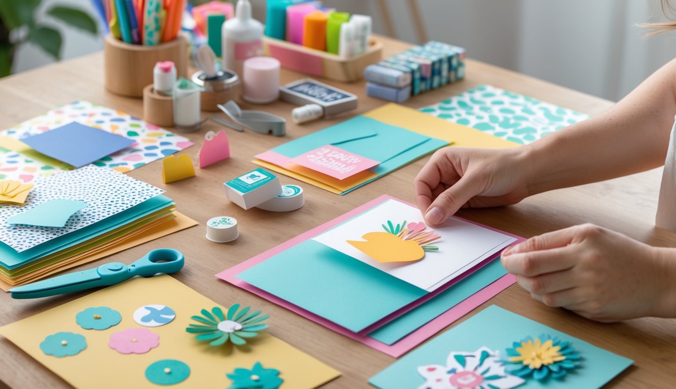 Hands creating a birthday card on a wooden table surrounded by colorful craft supplies.