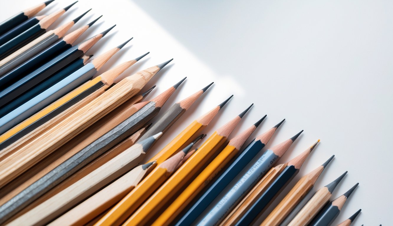 A set of drawing pencils arranged neatly on a white surface.