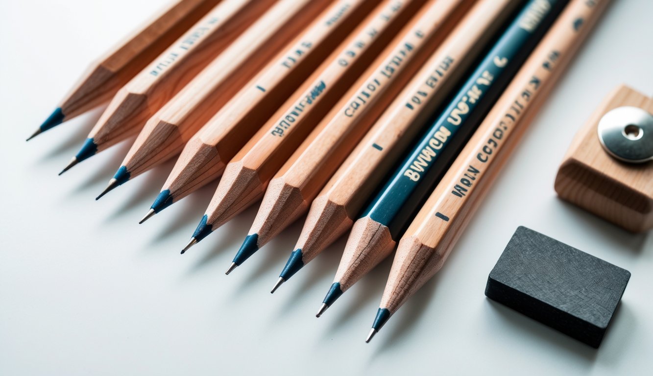 A set of drawing pencils with various hardness grades arranged neatly alongside a pencil sharpener and eraser on a white surface.