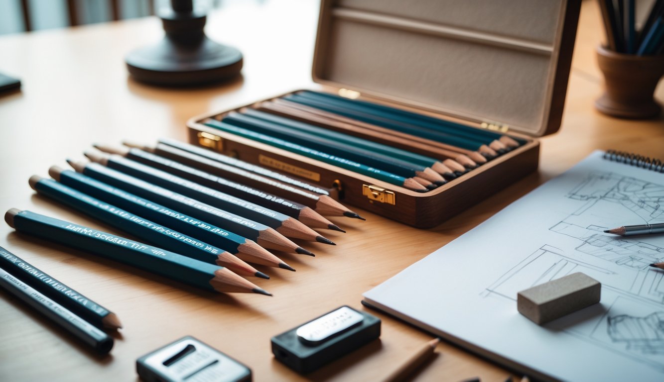 A drawing pencils set arranged on a wooden desk with pencils of various hardness grades, a sharpener, eraser, and a sketchbook nearby.