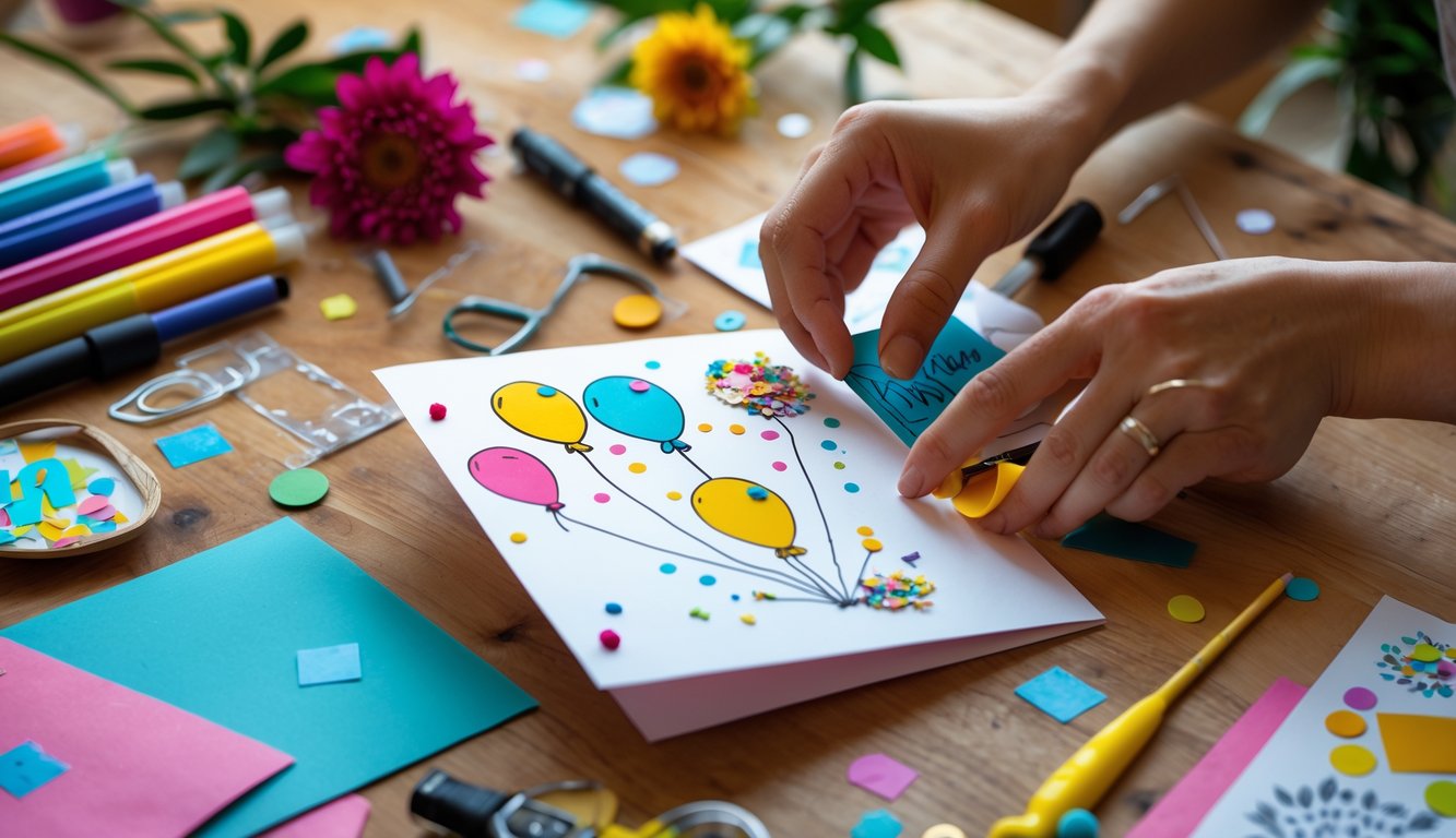 Hands creating a homemade birthday card surrounded by colorful craft supplies on a wooden table.