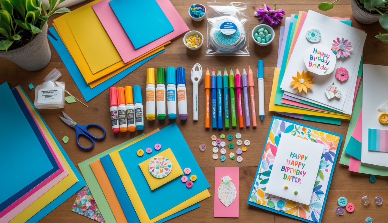 A workspace with various craft supplies and a partially completed homemade birthday card on a wooden table.