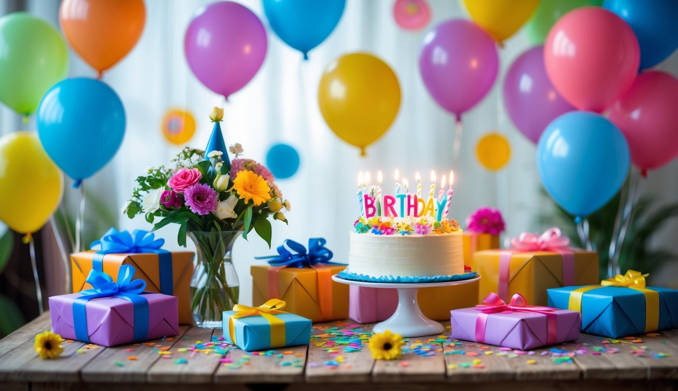 A table with wrapped birthday presents, balloons, a flower bouquet, and a decorated birthday cake with lit candles.