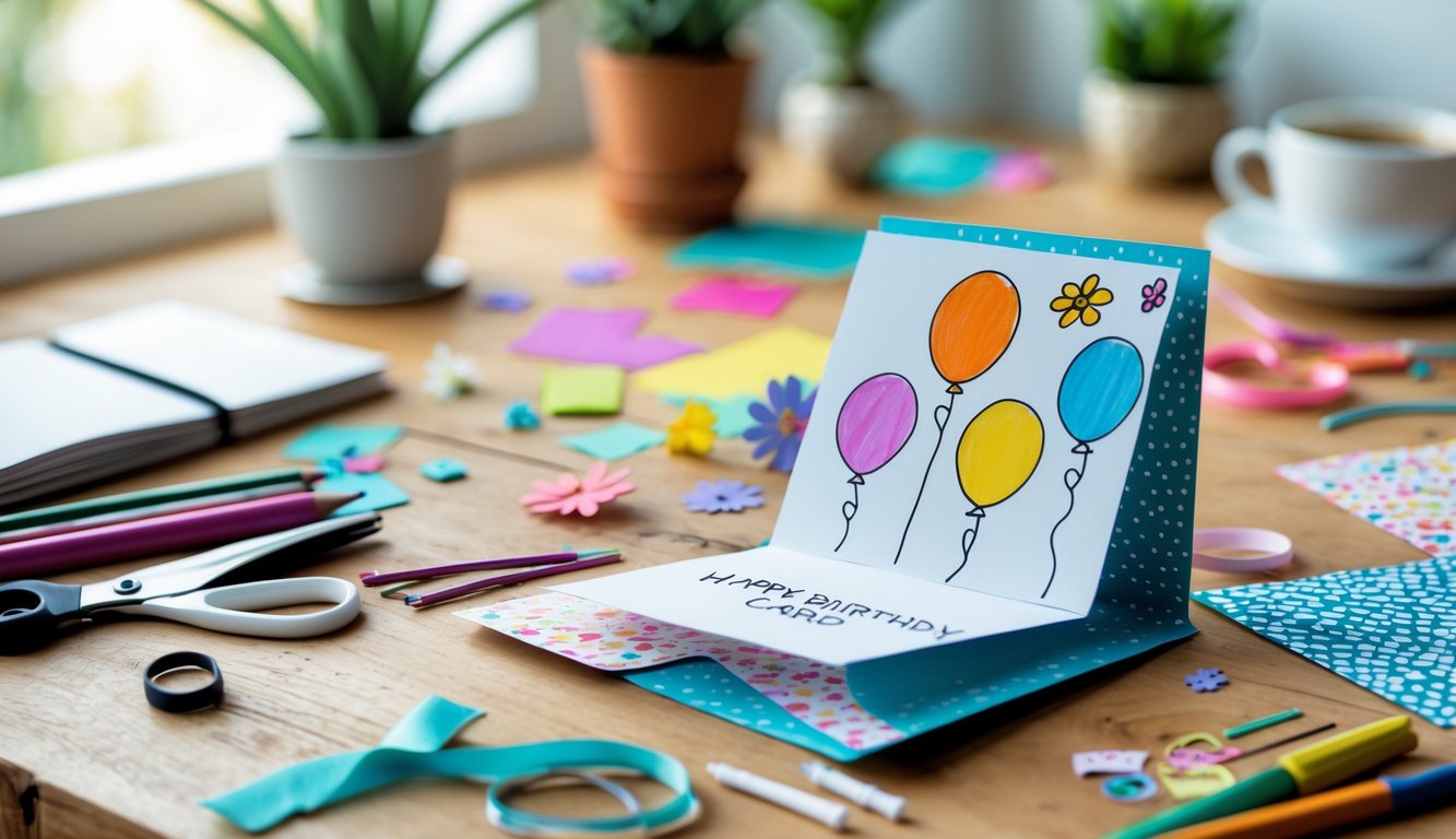 A workspace with a homemade birthday card being crafted surrounded by colorful art supplies on a wooden table.