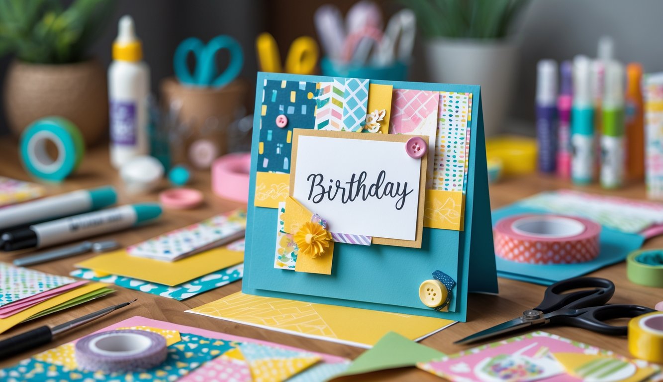 A workspace with colorful craft materials and a handmade birthday card in progress on a wooden table.