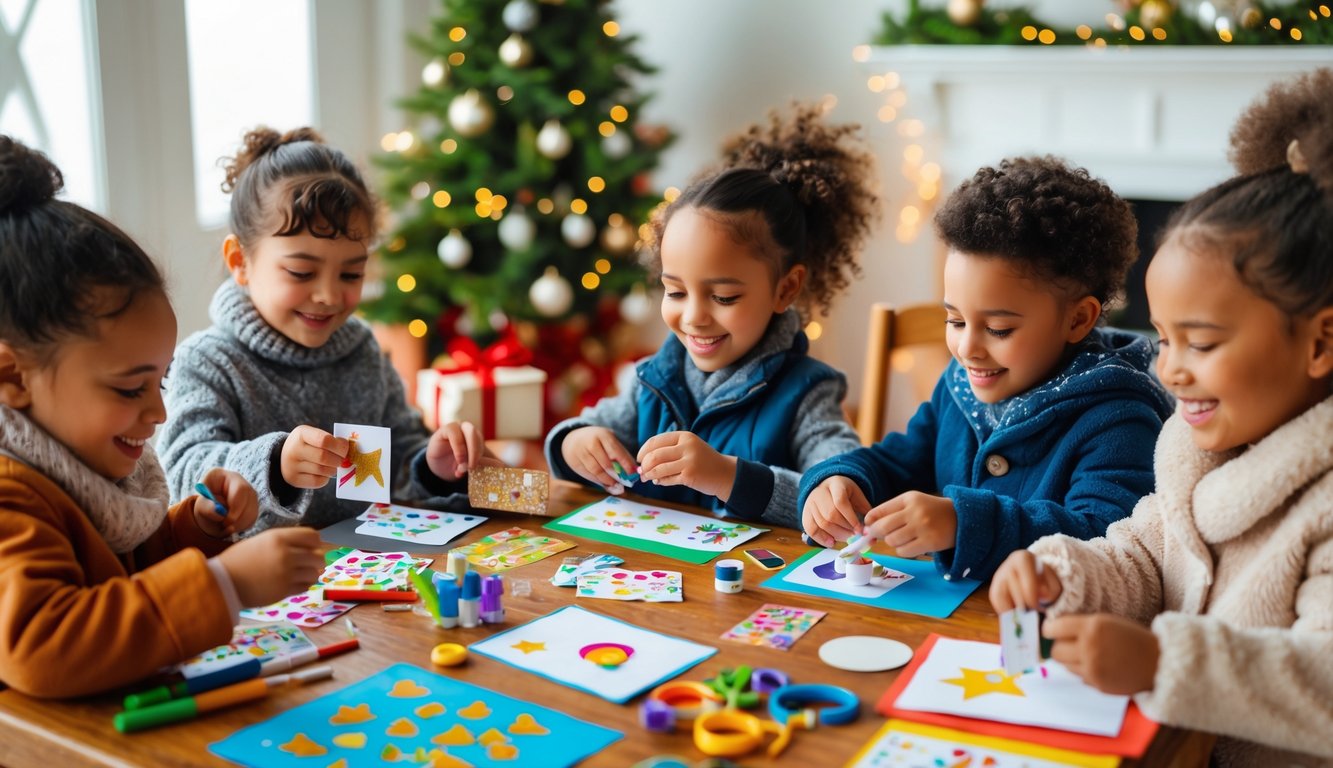 Children sitting around a table making homemade Christmas cards with craft supplies and holiday decorations in the background.