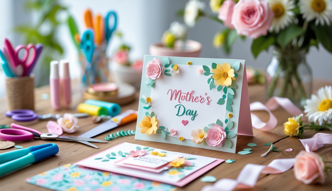 A workspace with craft supplies and a partially completed handmade Mother's Day card on a wooden table.