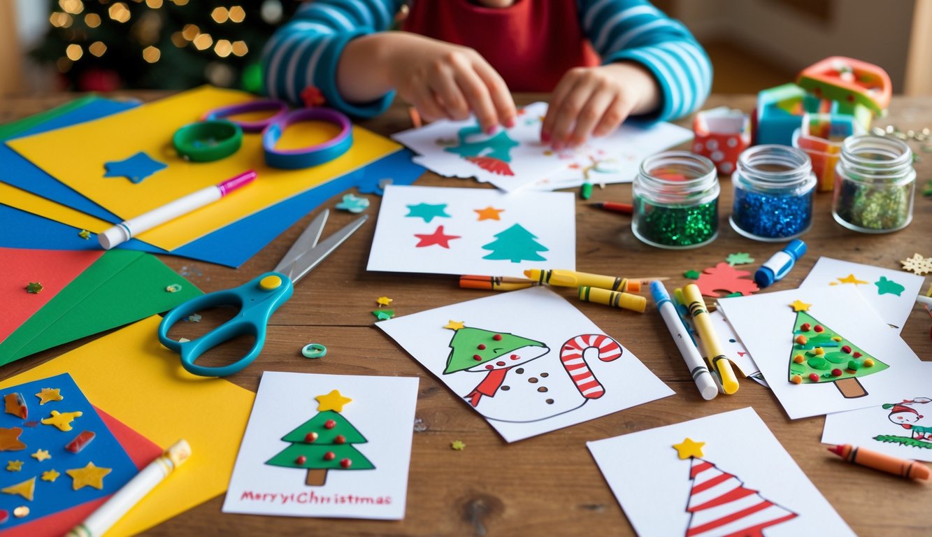 A craft table with colorful supplies and children’s homemade Christmas cards being made.