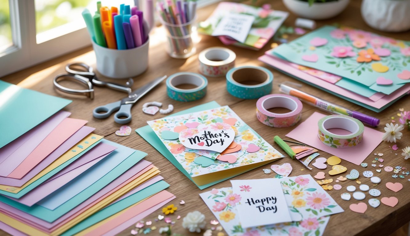 A workspace with craft supplies arranged for making Mother's Day cards, including colored paper, scissors, glue, markers, and decorative embellishments.