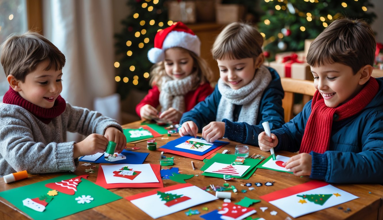 Children making homemade Christmas cards at a table filled with art supplies and festive decorations.