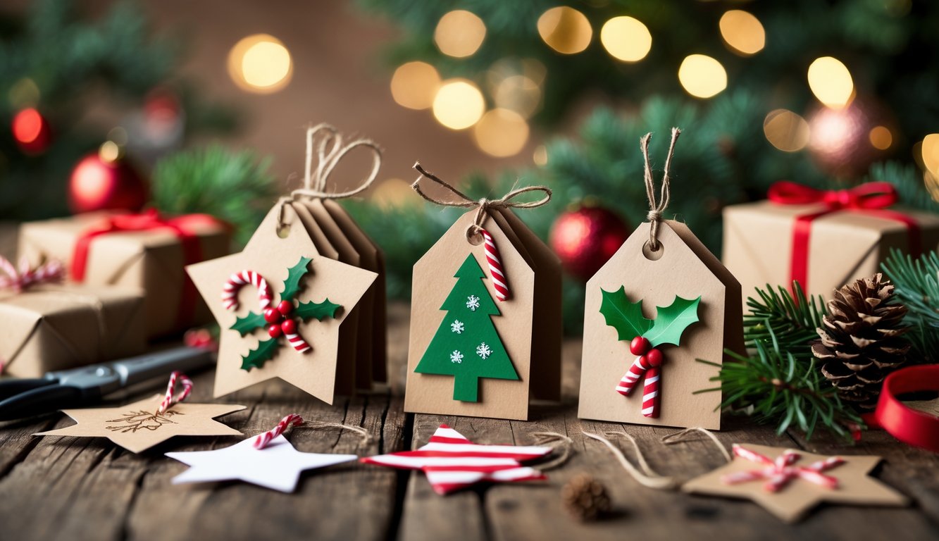 A wooden table with handmade Christmas gift tags, crafting supplies, and holiday decorations arranged for gift wrapping.