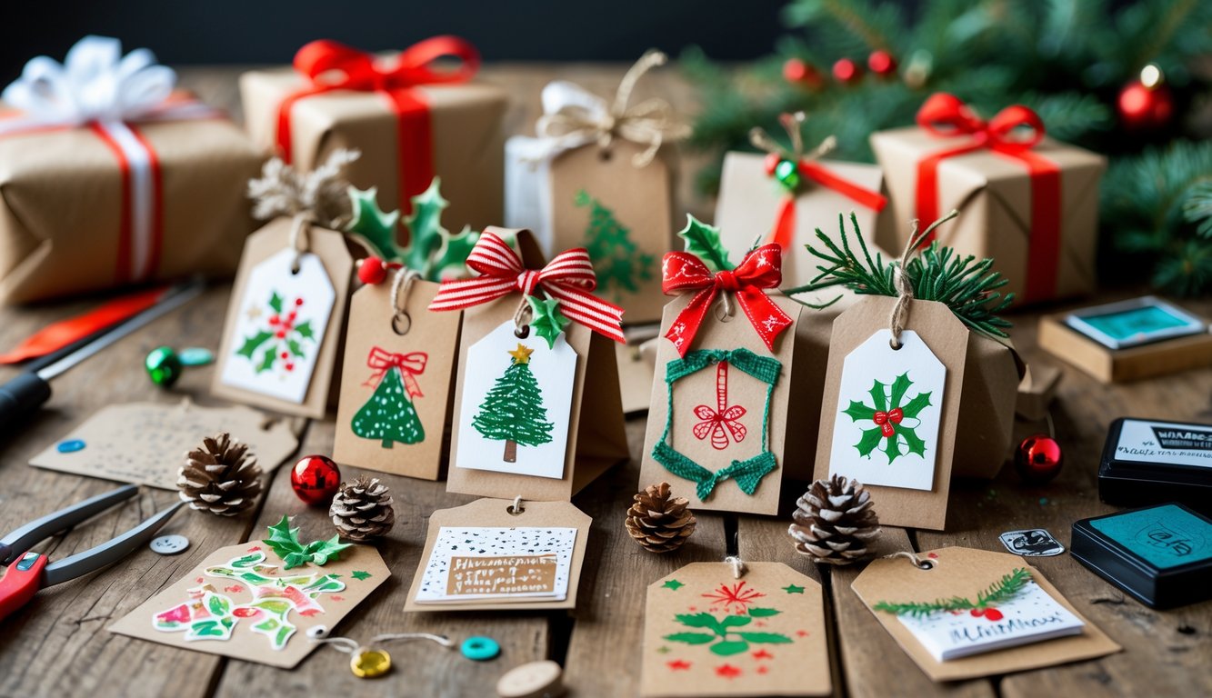 A variety of handmade Christmas gift tags decorated with ribbons, pinecones, and craft supplies on a wooden table.