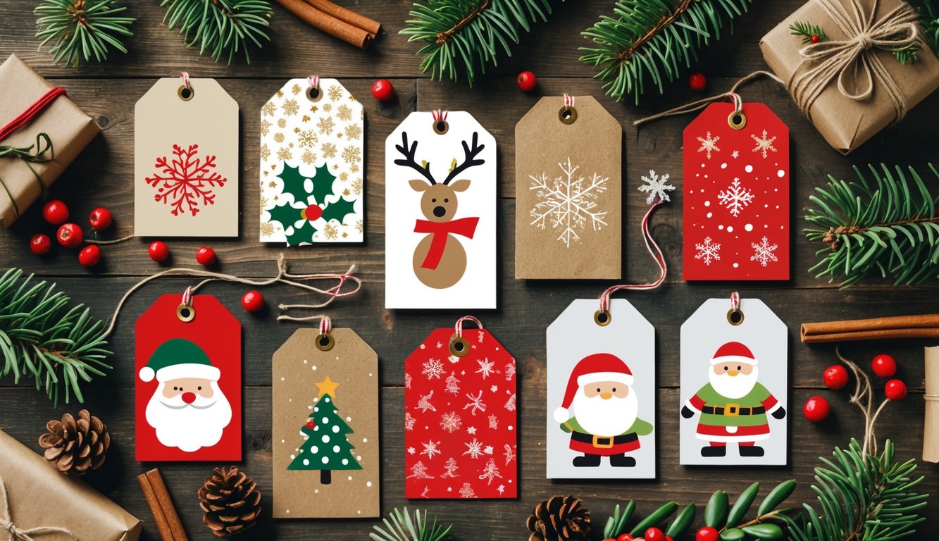 A collection of various Christmas gift tags displayed on a wooden surface with pine branches, cinnamon sticks, pine cones, and red berries.