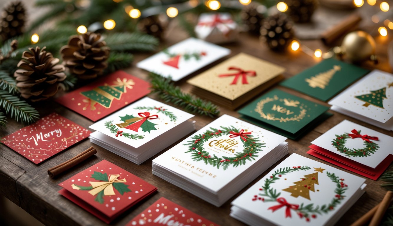 A wooden table with a variety of colorful Christmas cards surrounded by pine cones, cinnamon sticks, evergreen sprigs, and soft glowing fairy lights.