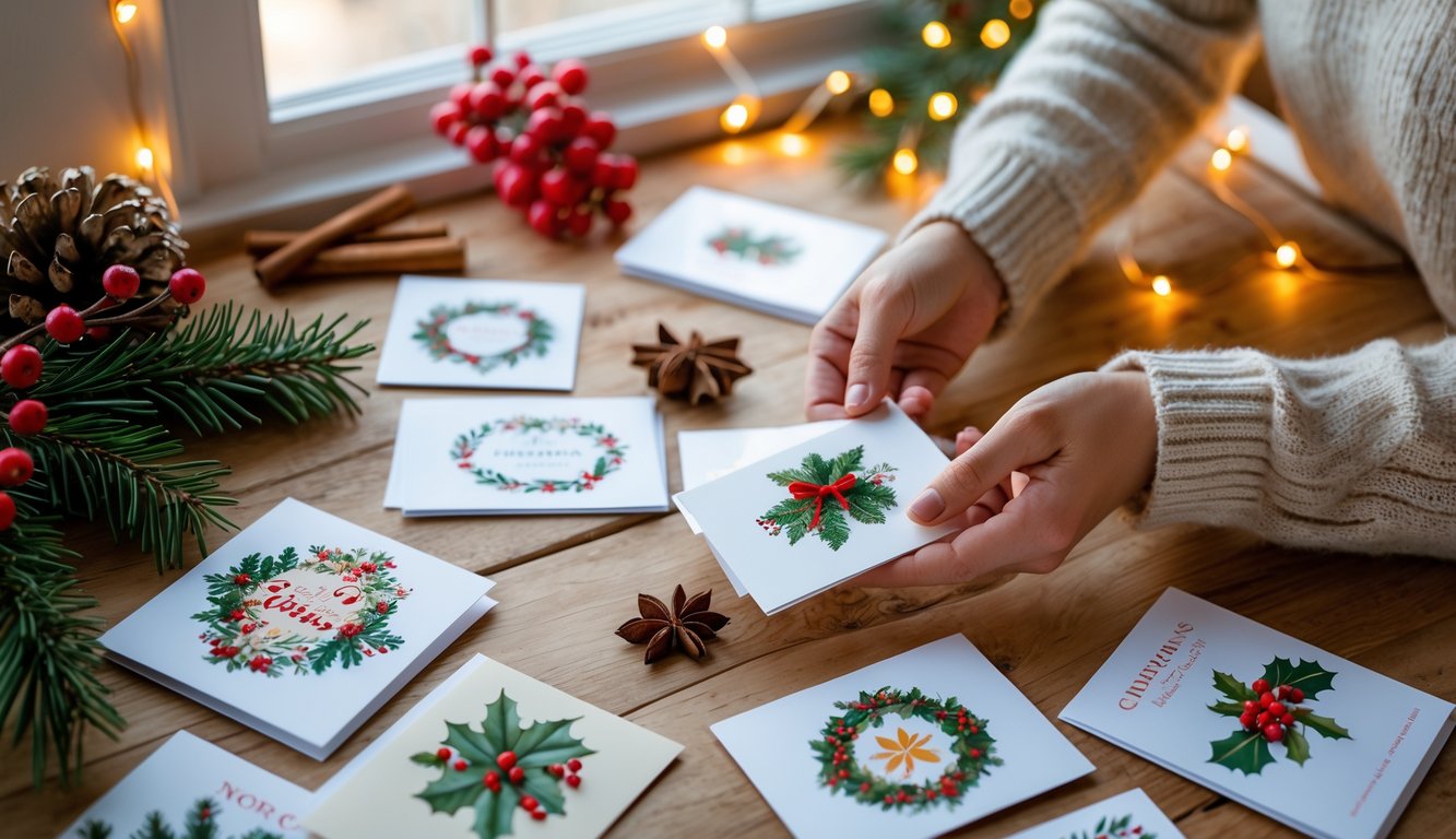 Hands selecting Christmas cards from a variety of holiday cards laid out on a table with festive decorations nearby.