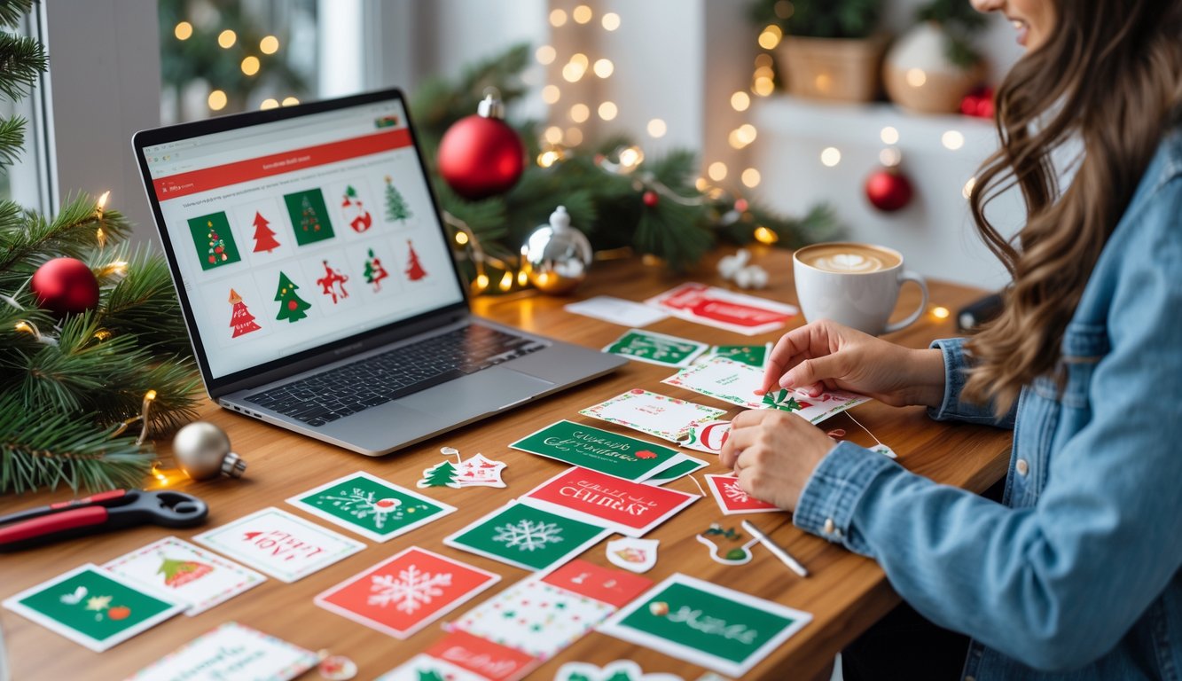 Person customizing Christmas cards on a laptop at a decorated desk with holiday decorations and crafting materials.