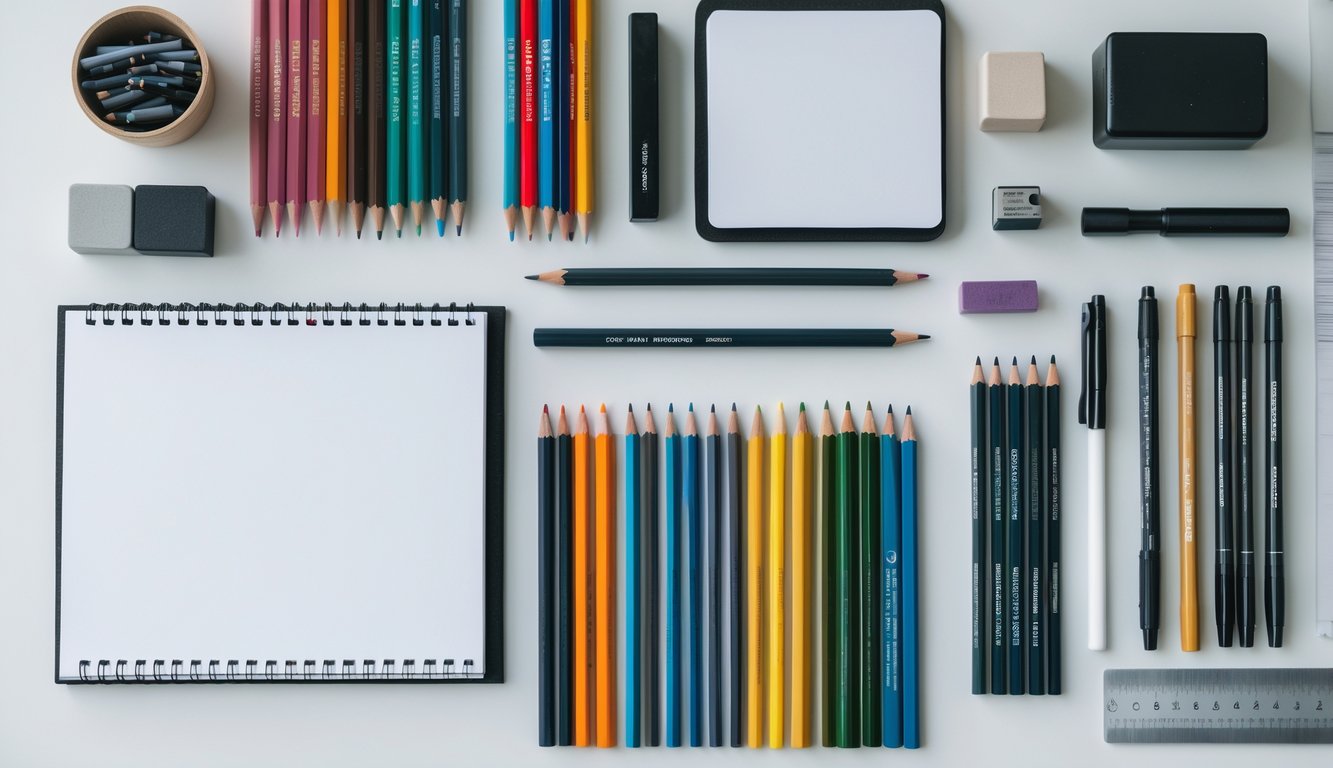 A collection of beginner drawing supplies including colored pencils, graphite pencils, erasers, a sharpener, a sketchbook, a ruler, and fine liner pens arranged on a white desk.