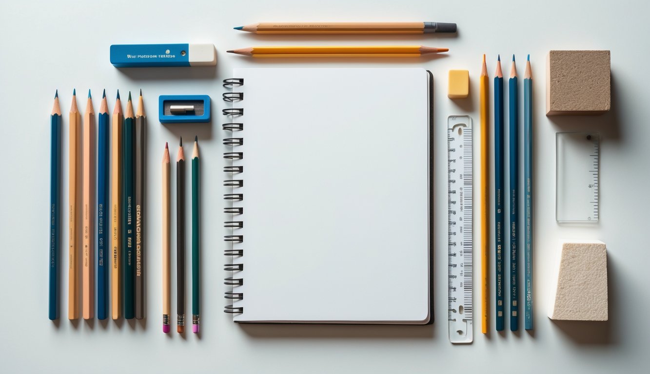 A collection of drawing supplies including pencils, eraser, sharpener, colored pencils, ruler, blending stump, and a sketchbook arranged on a white surface.