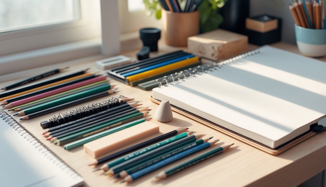 A wooden desk with various drawing supplies such as pencils, erasers, sharpeners, blending tools, and an open sketchbook.
