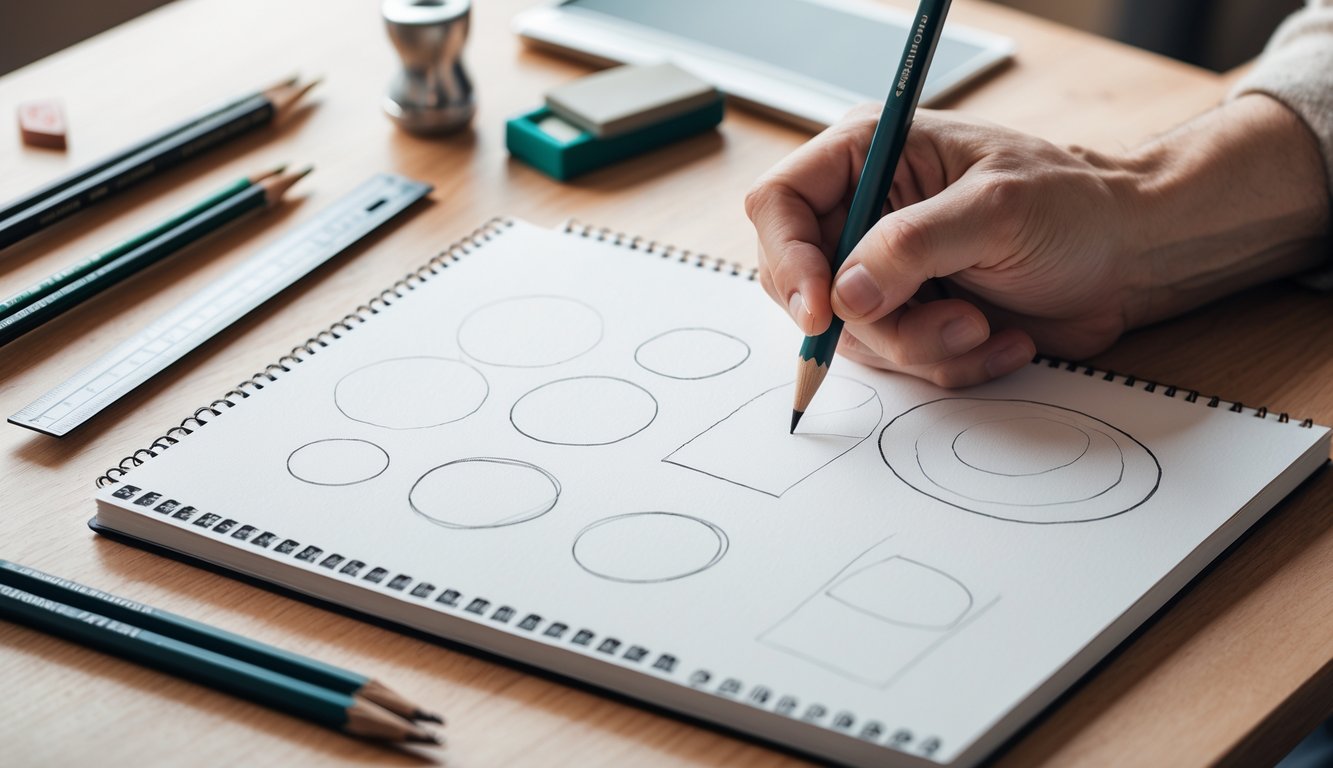 A hand drawing simple shapes with a pencil on a sketchbook surrounded by drawing tools on a wooden desk.