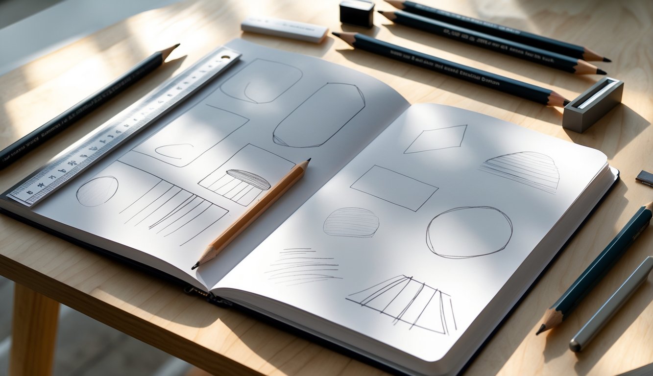 A desk with a sketchbook showing simple pencil drawings and various drawing tools arranged neatly around it.