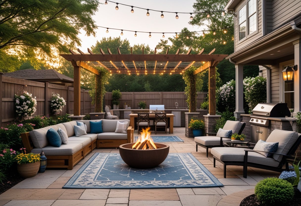 A backyard patio featuring multiple seating areas, a fire pit, pergola with vines, outdoor kitchen, string lights, and lush plants.