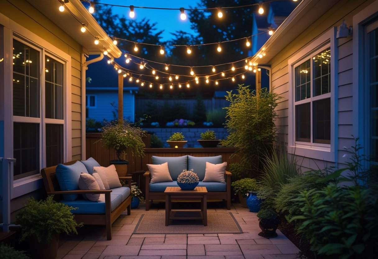 A small backyard patio with string lights, comfortable seating, plants, and a stone floor at dusk.