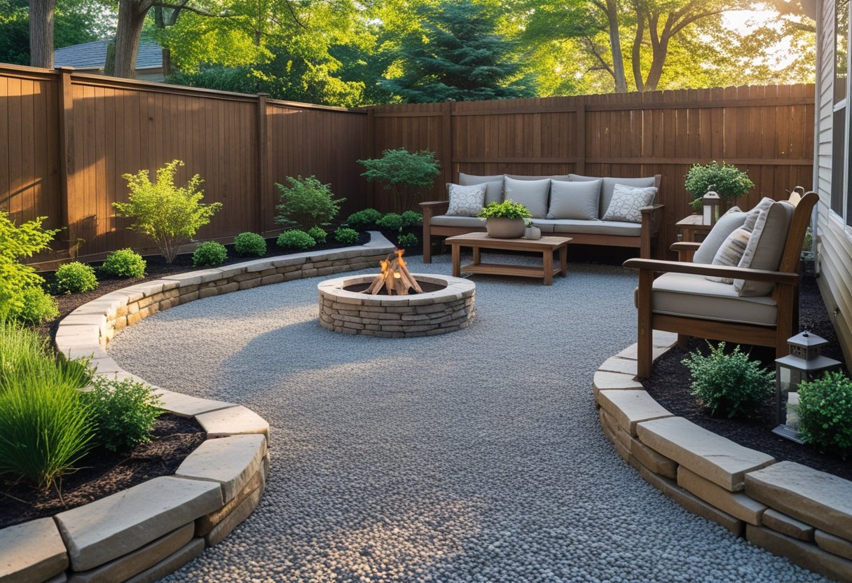 A backyard gravel patio with a wooden bench, fire pit, plants, and a wooden fence in the background.