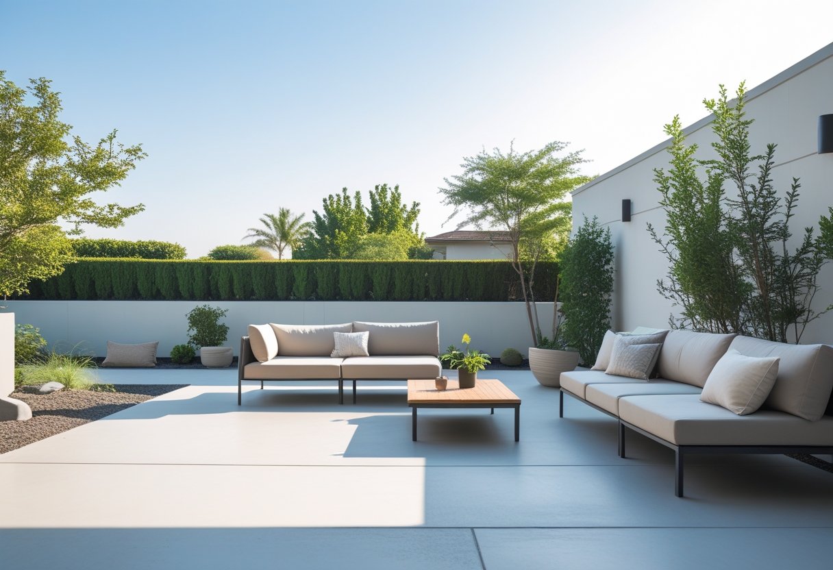 A backyard patio with concrete flooring, outdoor seating, potted plants, and a garden in the background.
