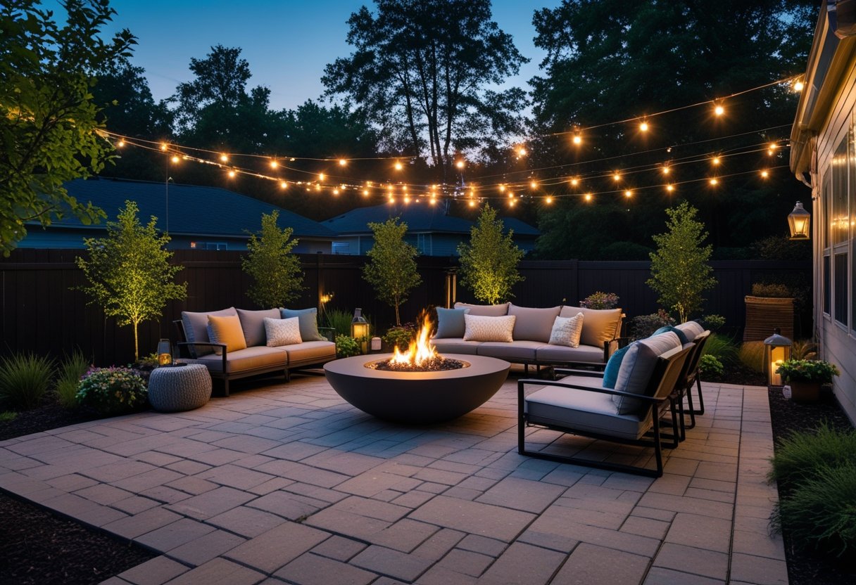 Backyard patio with paver stones, a central fire pit, outdoor seating, plants, and soft lighting in the evening.