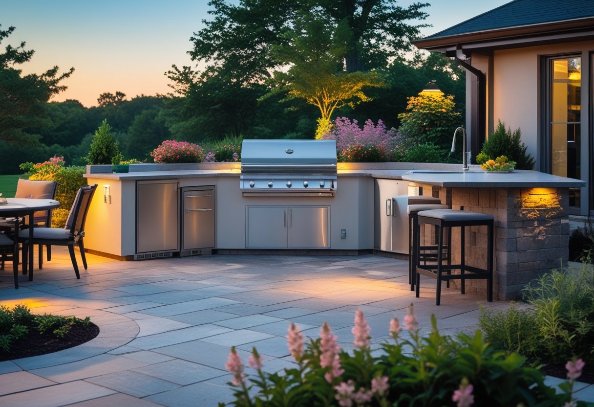 Outdoor kitchen patio with a stainless steel grill, countertop, bar stools, and surrounding greenery.
