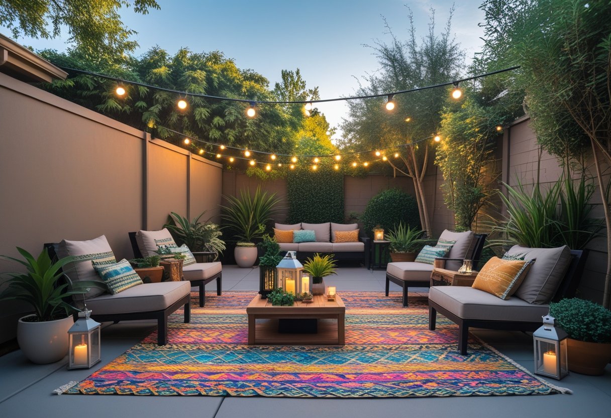 Backyard patio with colorful rugs, cushioned seating, plants, and warm lighting under a clear sky.