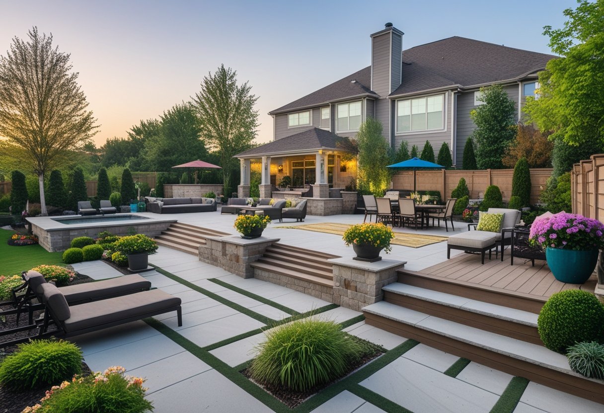 A large backyard with a multi-level patio featuring seating areas, steps, plants, and outdoor furniture.